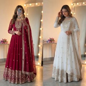 Women's Heavy Georgette Embroidered <b>Sequin</b> Gown Set with <b>Pant</b> and Dupatta Ready to Wear Festive Ethnic Wear - Product Image 2