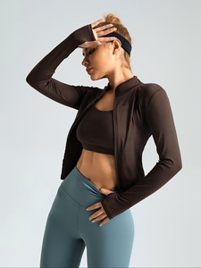 Haut de yoga pour femme à col montant uni, manches longues, fermeture éclair sur le devant, respirant, en Spandex et Polyester, coupe classique - Product Image 6