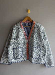 <b>Quilted</b> <b>Jacket</b> Women's Cotton Printed Geometric <b>Pattern</b> V-Neck Drop Shoulder Full Sleeve Summer Style gift for her - Product Image 1