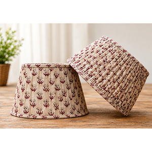 Purple Floral Print Linen Lampshade | Natural Beige Fabric Pleated Drum <b>Shade</b> | Decorative Table, <b>Floor</b> & Pendant <b>Lamp</b> <b>Shade</b> - Product Image 1