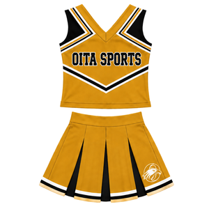 Ensemble d'uniformes de cheerleading jaune doré personnalisés par le fabricant, haut sans manches et jupe plissée, tenue de danse athlétique pour spectacles - Product Image 1