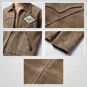 <b>Men</b> Vintage Brown <b>Suede</b> Western Cowboy <b>Jacket</b> Braided Yoke Lapel Collar Zip Up Retro Trucker Ranchwear Darkry Apparel - Product Image 6