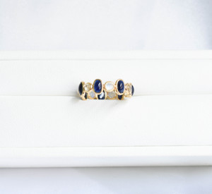 Anillo de Eternidad con Zafiro Azul Natural y Piedra Lunar en Oro Amarillo Sólido de 18K, con Cabujón Ovalado y Bisel de Piedras Preciosas, Piedra de Nacimiento de Septiembre - Product Image 2