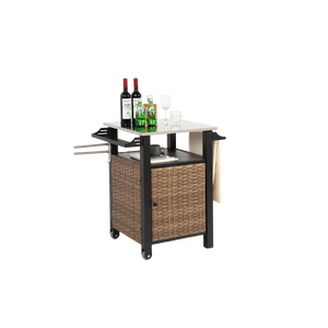 Carrello da Cucina Esterno a Porta Singola con Isola in Vimini, Ruote in Acciaio Inossidabile, Armadietto Contenitore e Tavolo Estensibile per Patio - Product Image 5