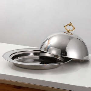 Plateau de service de buffet en acier inoxydable doré poli miroir, plat de luxe pour banquets et traiteurs avec couvercle dôme, vaisselle de restaurant - Product Image 6