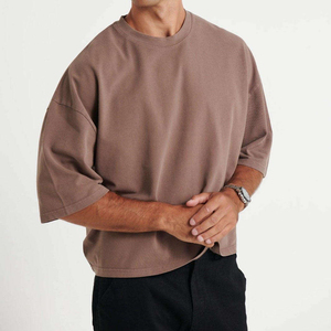 T-shirt décontracté en coton pour homme, coupe oversize, couleur unie, manches trois-quarts, style été, sans col, tricoté, teint uni - Product Image 1