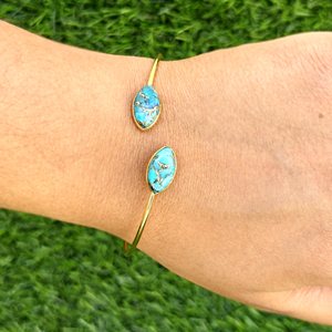 Exquisite Double Marquise Stone Open Cuff Mohave Blue <b>Copper</b> Turquoise Adjustable <b>Bracelet</b> 18k Gold Plated Statement <b>Bracelets</b> - Product Image 2