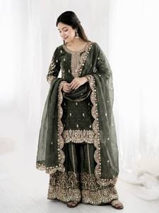 Ensemble de costume Anarkali pour femmes, traditionnel indien pakistanais, en soie brodée, sans plis, extensible, longueur normale, vert - Product Image 5