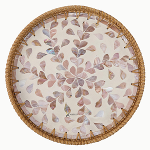 Bandeja Redonda de Ratán y Madera con Incrustaciones Florales de Madreperla, Bandeja Decorativa Hecha a Mano para Uso Residencial, Decoración y Regalos - Product Image 1