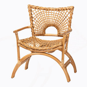 Fauteuil en rotin naturel fait main, chaise longue en osier avec dossier décoratif à tissage ouvert et pieds courbés pour l'ameublement de la maison - Product Image 1