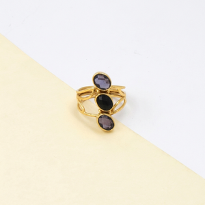 Amethyst & Black Onyx Stone <b>Ring</b> – Handmade Gold Plated <b>Statement</b> <b>Ring</b>, Oval Checker Cut Gemstone <b>Ring</b>, Bold Boho Cocktail <b>Ring</b> - Product Image 4