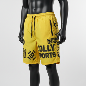 กางเกงขาสั้นวินด์เบรกเกอร์ไมโครไฟเบอร์โพลีเอสเตอร์พรีเมียม สีเหลืองดำ พิมพ์ลายสกรีนแบบกำหนดเอง โลโก้แบบรีดร้อน กางเกงขาสั้นผู้ชาย - Product Image 3
