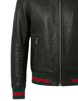 Blouson Bomber Homme Premium en Cuir Véritable, Col Baseball, Coupe Slim, Bordures Côtelées Rayées, Fermeture Éclair, Style Décontracté, Vente en Gros
