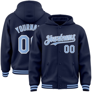 เสื้อแจ็คเก็ตฮู้ดดี้แบบมีกระดุมติดเต็มตัว สีน้ำเงินกรมท่า-ขาว รุ่น Varsity Letterman ของ OMMIZ INDUSTRY ขายส่งโดยตรง - Product Image 1