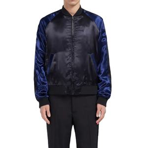 2026 Custom Navy and Black Satin Varsity Jacket with Raglan Sleeves Casual Baseball Bomber Design Winter Raw Processing - Product Image 1