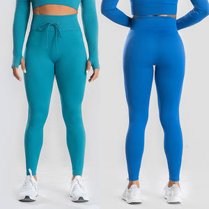 Conjunto de yoga acanalado para mujer: leggings de cintura alta y top corto con cremallera, 2 piezas, largo completo, gris liso, sin costuras, de elastano y poliéster. - Product Image 4