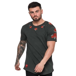 Men's Black Short Sleeve O-Neck T-Shirt Red <b>Rose</b> Embroidery Slim Fit Casual Breathable 100% Cotton Jersey Knitted <b>Top</b> 220 Grams - Product Image 1