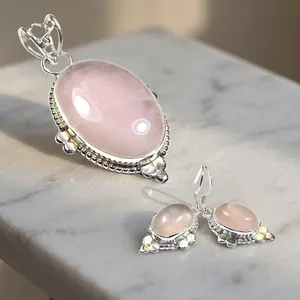 Rose Quartz 925 Sterling Silver Pendant Earrings Jewelry Set With Elegant Handmade Design For Women Wholesale Fashion - Product Image 4