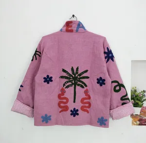 Chaqueta Suzani de Algodón Bordada con Flores Rosadas de Primera Calidad, Cuello Alto, Manga Larga, Bordado a Mano, Estilo Prairie Chic, Chaqueta de Invierno - Product Image 5