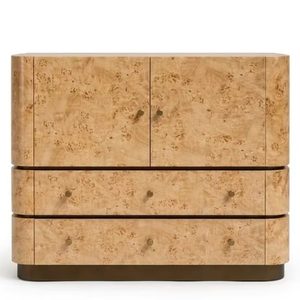 Aparador Moderno Nara de Madera Maciza de Mindi con Chapa de Madera Mappa y Cubierta de Piedra Calacata Brillante para Sala de Estar y Hotel de Lujo - Product Image 1