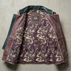 Hand Embroidery Eye Pattern Mandarin Collar Zipper Closure Streetwear Style Autumn Wear Men's <b>Real</b> <b>Leather</b> <b>Jacket</b> - Product Image 5