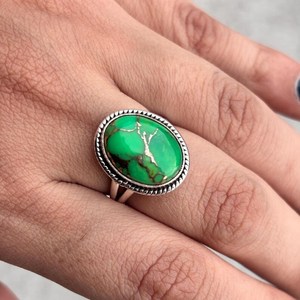 Handmade Green Copper Turquoise Oval <b>Ring</b> 925 Sterling <b>Silver</b> <b>Boho</b> Gemstone Jewelry for Women - Product Image 2