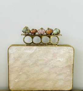 Handcrafted Eco-Friendly Luxury Mother of Pearl Evening Bag with Gemstone <b>Handle</b> Bridal Clutch Purse Modern Design - Product Image 1