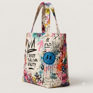 HINDVANTA GLOBAL Graffiti Print Jute Canvas Tote <b>Bag</b> Eco-Friendly Large Capacity Women's Shoulder Handbag <b>Reusable</b> <b>Shopping</b> <b>Bag</b> - Product Image 3