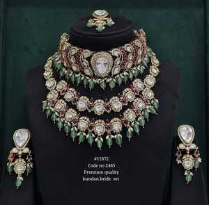 11872Premium Kundan <b>Bridal</b> <b>Jewelry</b> <b>Set</b> With Green Stones And Pear Cut Mehandi Plated Brass foe Wedding Engagement Classic Style - Product Image 2