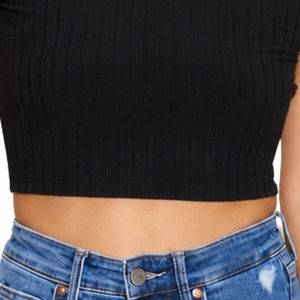 Top Corto Negro Acanalado para Mujer, Manga Corta, Cuello Redondo, Ajuste Delgado, Camiseta Casual de Punto, Moda de Verano, Algodón Elástico, Camiseta Básica - Product Image 6