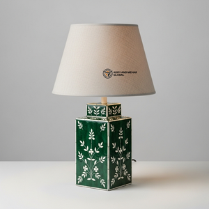 Lampe de table de luxe en os vert incrusté avec abat-jour beige |   Éclairage de chevet floral artisanal - Product Image 6