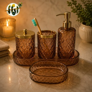 Luxury Amber Glass Five-piece <b>Bathroom</b> <b>Accessories</b> <b>Set</b> Gold Finish Soap Dispenser Toothbrush Holder Storage Jar Decorative Tray - Product Image 5