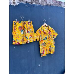 Ensemble chemise et short en coton imprimé Paisley jaune pour femmes, tenue d'été décontractée, coupe régulière, col rabattu - Product Image 4