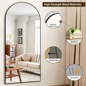 Specchio ad Arco a Figura Intera 180 cm x 76,5 cm, da Parete o da Terra con Supporto, Vetro Infrangibile, Nero - Product Image 4