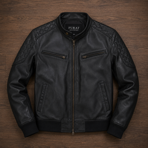 FURAT LEATHERS Veste en cuir véritable vintage pour homme, col montant, fermeture éclair, coupe classique, couleur unie, coupe-vent, hiver - Product Image 4