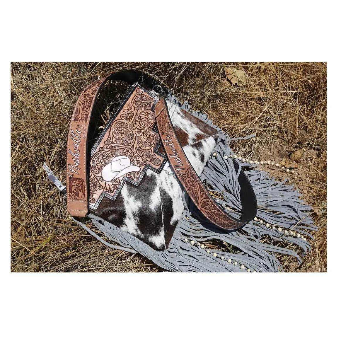 Indian Luxurious Western Cowhide Hair On Women's Luxury Sling Bag With Hand Tooled Floral & Solitaire Design Ready To Stock Bags