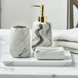 Juego de baño de cerámica moderno de 4 piezas con diseño de mármol, dispensador de jabón, soporte para cepillos de dientes, bandeja, fácil de limpiar - Product Image 4