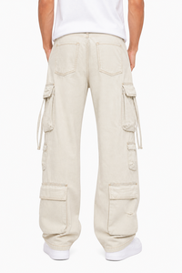 Pantalon cargo ample beige pour homme, coupe décontractée, jambe large, multi-poches, style streetwear, en denim et mélange de coton - Product Image 3
