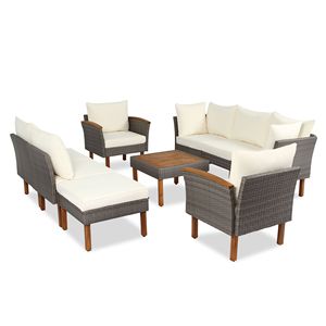 GO Set di mobili in Rattan da giardino da esterno in 9 pezzi con gambe in legno di Acacia tavolo da tavolo e divano sezionale in Rattan Beige lavabile - Product Image 5