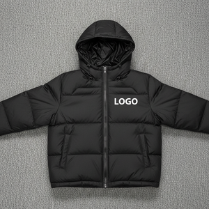 <b>Men's</b> Winter Hooded Puffer <b>Jacket</b> Solid Black Polyester Windproof Casual Zipper Closure Front Logo Design - Product Image 4