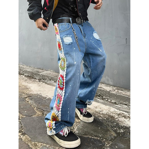DENIM Custom Rhinestone Baggy Distressed Trousers Jeans <b>Pants</b> Vintage Wide Leg Stripe Ripped Denim Jeans Men - Product Image 2