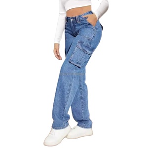 Brand New femmes taille haute rétro vêtements de travail Cargo pantalon décontracté droit multi-poches gland grande taille américain Denim jean - Product Image 4