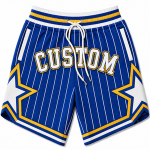 Pantalones Cortos de Baloncesto Personalizados para Hombre, Blancos con Rayas Azules, Cintura con Cordón, Bordados, Tallas Grandes, Ropa Deportiva Informal - Product Image 4
