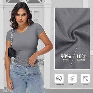 Aura Ruched Womens Short Sleeve Crew Neck T <b>Shirts</b> Summer 2026 <b>Y2k</b> Slim Fit Tees Stretchy Basic Tee <b>Shirts</b> Crop Tops Fashion - Product Image 5