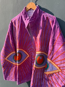 Premium Handcrafted Magenta Velvet Bomber <b>Jacket</b> with Intricate Evil Eye Embroidery and Sunburst Motif Zipper Closure <b>Jacket</b> - Product Image 4
