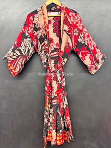 Kimono de Seda Crepé Suave Vintage de Lujo para Mujer |   Estampado floral hecho a mano con cuello en V y cintura elástica de manga corta |   Primavera Verano - Product Image 4