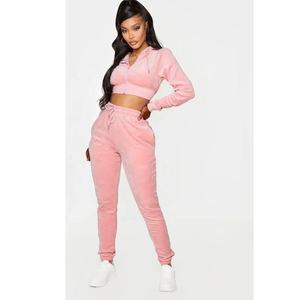 Ensemble de survêtement décontracté pour femme en coton/tissu éponge, sweat à capuche sans col en velours uni, manches longues, pour le sport, ensemble 2 pièces - Product Image 6