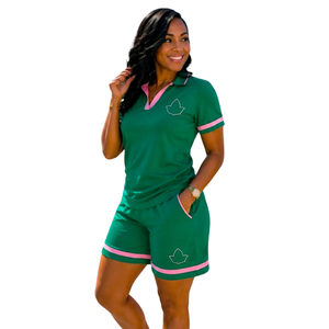 <b>Women</b> Green IVY <b>Short</b> <b>Set</b> Embroidered Polo Shirt and <b>Shorts</b> Two Piece Outfit Pink Trim Casual Summer Sports Lounge Matching <b>Set</b> - Product Image 2