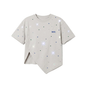 เสื้อยืดคอกลมประดับเพชรแบบอสมมาตรสำหรับผู้หญิง แฟชั่น Y2K เสื้อผู้หญิง สกรีนโลโก้ได้ ผ้าฝ้าย 100% แขนสั้น - Product Image 3