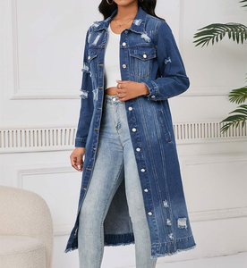 Gabardina larga de mezclilla para mujer con cuello vuelto, botones y bolsillos, estilo oversized. - Product Image 5